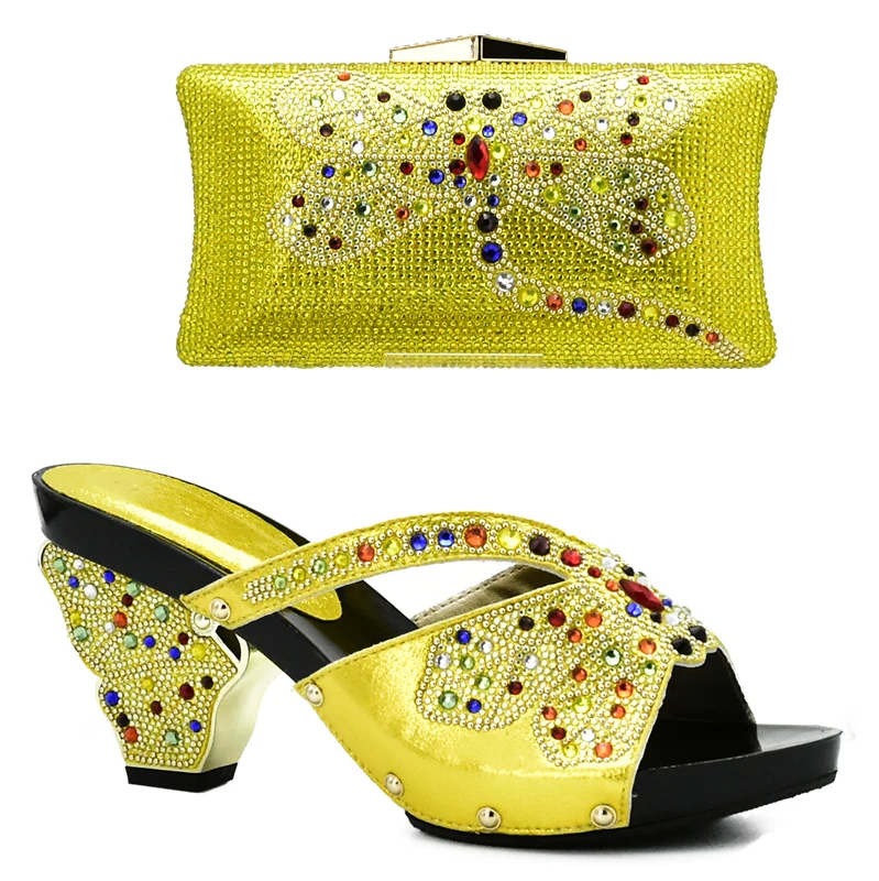 Комплект из туфель и сумочки черного цвета в африканском стиле г. Комплект из туфель и сумочки, вечерние женские сумочки и туфли в комплекте, итальянская обувь высокого качества - Цвет: Цвет: желтый