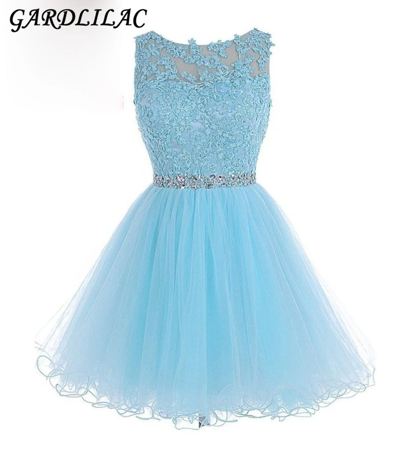 Vestidos cortos de baile de graduación, vestidos de regreso a casa de tul rosa azul claro con Apliques de encaje, cinturón de cuentas de cristal, vestido 2018|blue homecoming|light blue homecoming