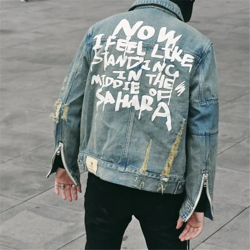 2019 Denim Jacket Men Streetwear Hip Hop Vintage Ripped Hole Zipper Jeans Jacket Motorcycle Hip Hop Autumn Washed Jacket Coat