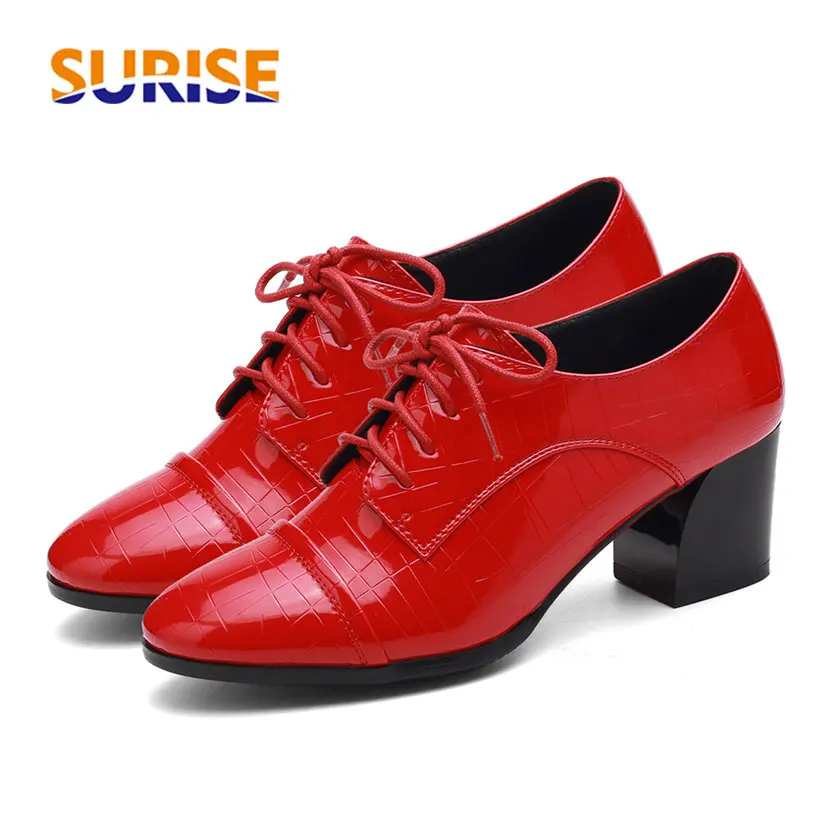 

British Women Derbies Pink Patent Leather Round Toe High Block Heel Pumps Retro Brogues Casual Oxford Lace-up Ladies Dress Shoes