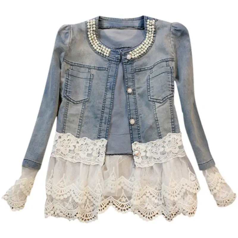 Jeans Jacket Women Casacos Feminino Slim Lace Patchwork