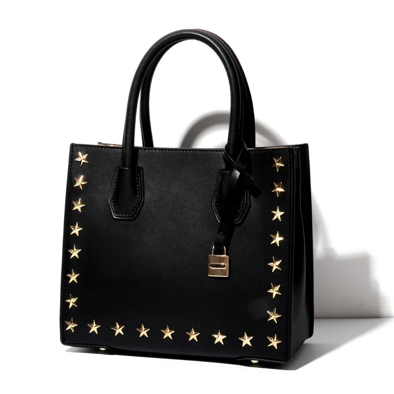 Women's new rivet leather five-pointed star laptop shoulder lock bag Korean style vertical side square leather large-capacity Me