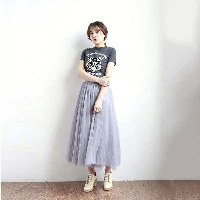 Summer Tulle Long Skirts Women Black Beige Gray White Mesh Pleated Skirt Layers Boal Gown Girl Vacation Beach Skirts