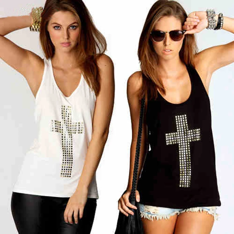 

Hot sales Women Tops New Lady Girls Diamond Cross Vest Tops Hollow Back Loose Shirt