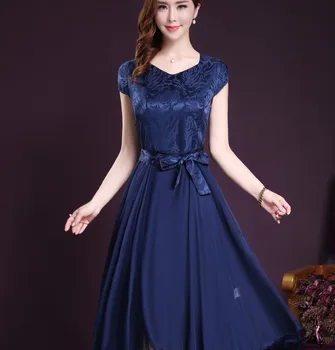 

2020 Free Shipping New Women Work Wear Fashion Dress Short Sleeve Silk Slim Pendulum Pleated Elegant Blue