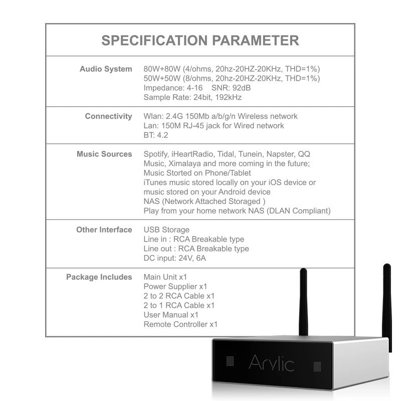 Подарок WiFi и усилитель звука bluetooth и приемник многокомнатная синхронизация Airplay DLNA 24 бит 192 кГц частота дискретизации 80Wx2 канал