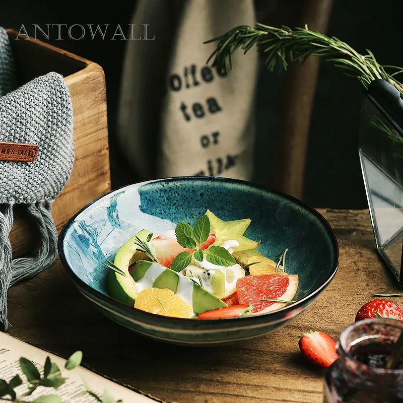 

ANTOWALL Ceramic ins cuisine dishwarebowl cyan soup dish Chinese stripes indigo naturalis underglaze fruit salad bowl