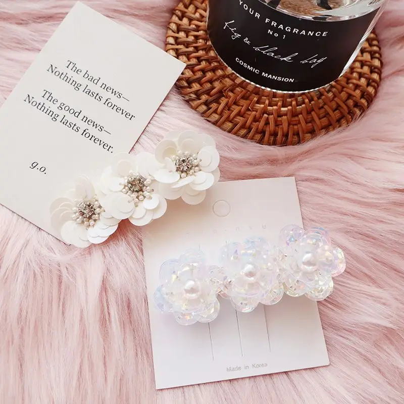 

2019 New arrival Vintage Transparent Sequins Crystal Rhinestones Hair clips Flower Imitation Pearl Hairpin Barrettes for women