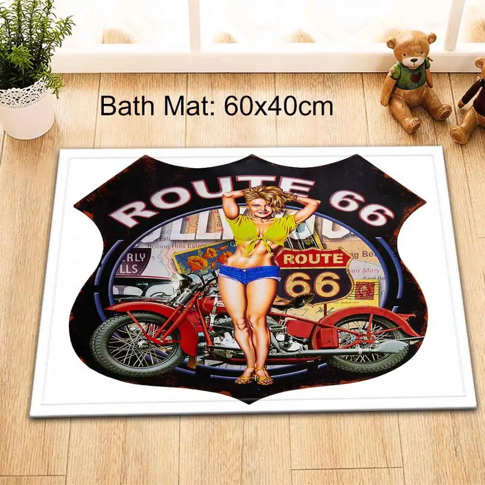 LB мотоциклетные путешествия, ретро путешествие, сексуальная девушка, белая занавеска для душа, Route 66, ткань и коврик, набор для ванной комнаты, для ванной, Декор - Цвет: Only Mat 60x40cm
