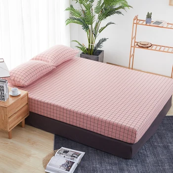 

Simple Lattice Cotton Printed Solid Fitted Sheet Mattress Cover Four Corners With Elastic Band Bed Sheet Bed Linens pillowcase#s