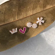4 шт./компл. S925 иглы и принтом в виде сердечек, в виде короны, банта кубического циркония маленькие серьги-гвоздики для девочек CZ серьги-гвоздики для Для женщин ювелирные изделия