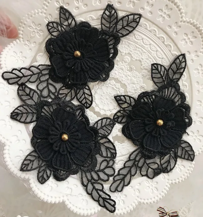 15pcs/lot 6.5x11.5cm width black flower fabric embroidery lace appliques patch D21D258O0306H | Дом и сад