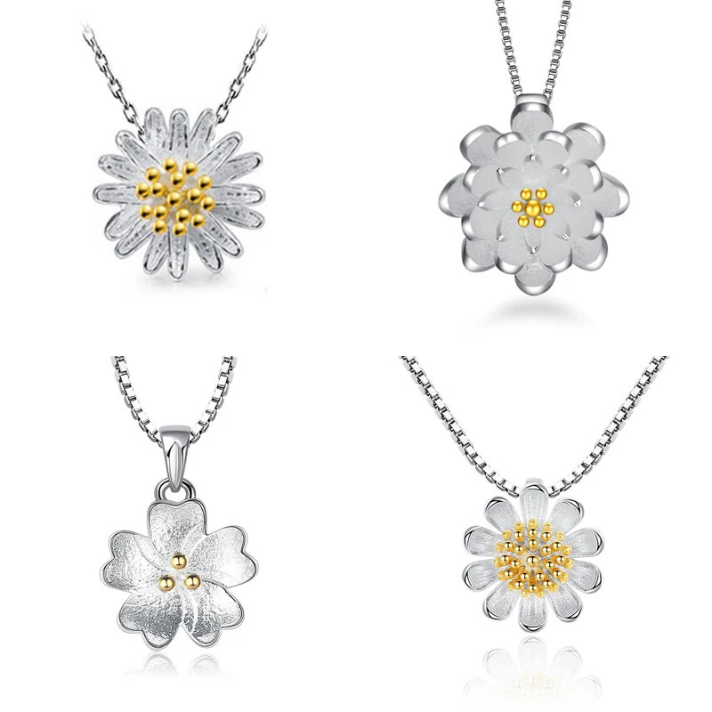 

Cute Sunflower daisy lotus lotus Charm Pendant 925 Sterling Silver Flower Jewelry For Women Girl Necklace