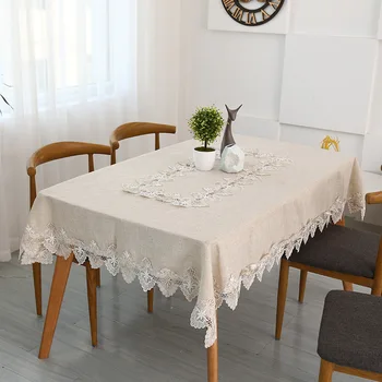 

Plain Colour Tablecloth Cotton Linene Light Gray European Style Cover Lace Hem Washable Table Cloth for Tea Table