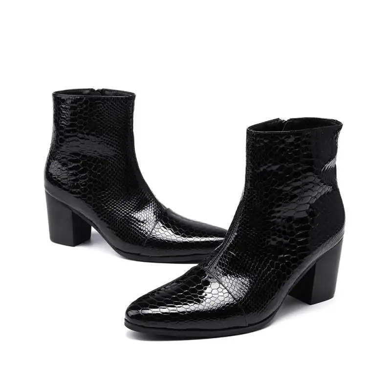 Mode Heel Schwarzes High Top Personalisierte Waden Errfc Patent Muster Schwarz Boot Designer Schuhe Leder Python Schlange Männer Mittlere 0gaTF