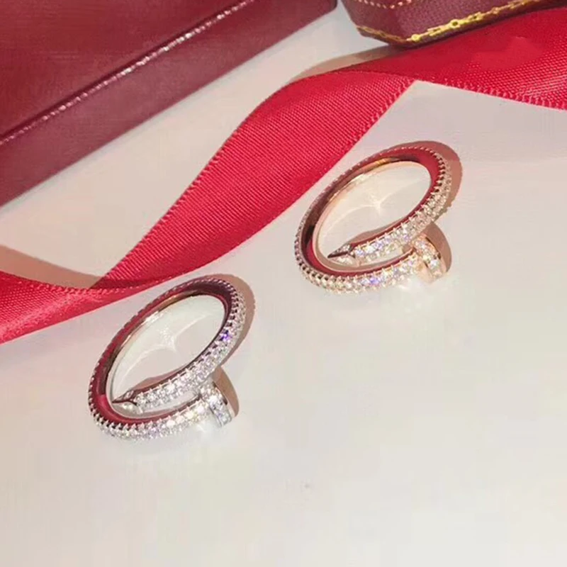 

Pure 925 Sterling Silver Jewelry For Women Nail Rings Rose Gold Full Stone Tools Rings Wedding Jewelry Party Luxury Rings