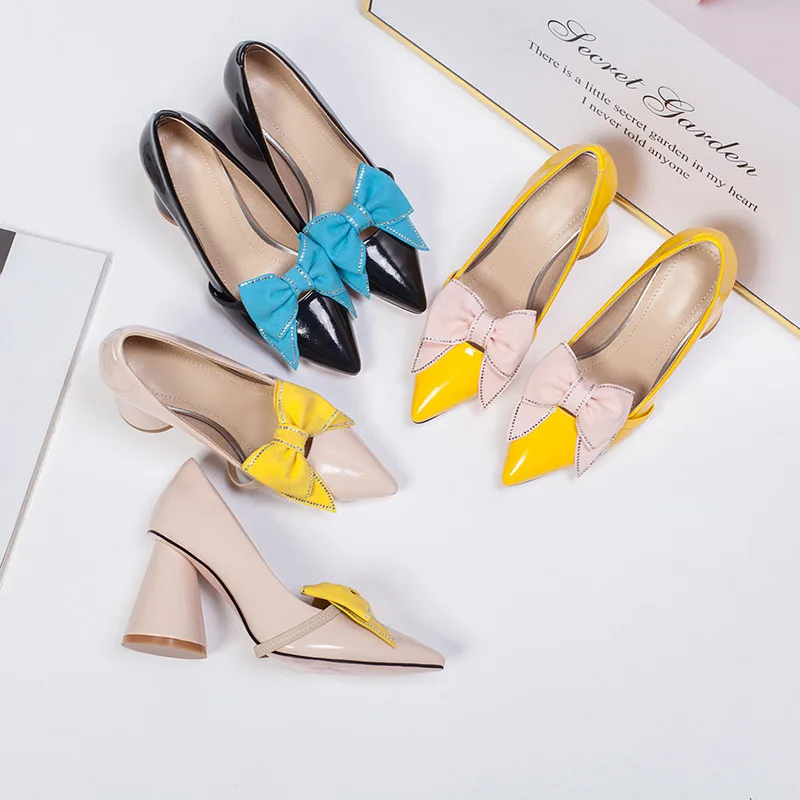 MORAZORA/ г., однотонные женские туфли-лодочки весенне-летние туфли без застежки с бантом модельные туфли на высоком каблуке с острым носком женская обувь желтого цвета