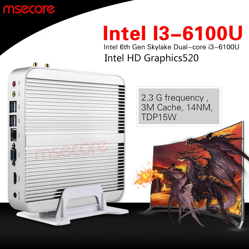 Fanless Intel I3 6100U Mini PC Windows 10 Desktop Computer NUC stick pc barebone system Nettop