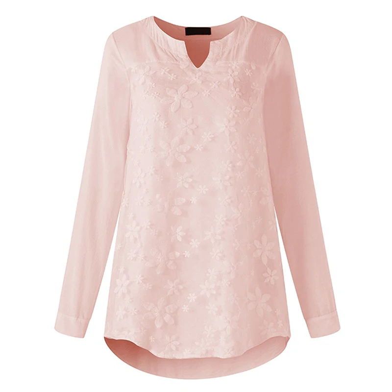 2018 S-5XL Women V-Neck Organza Long Shirts Oversized Tops Floral Embroidered Shirt Blouse White Lace Sweet Long Sleeve Blouse