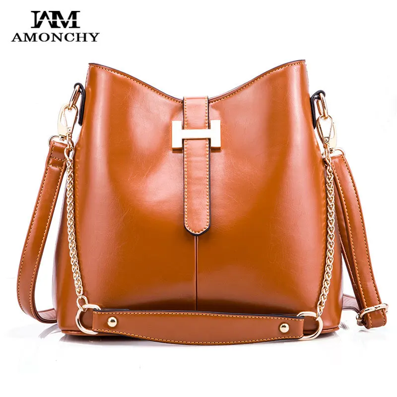 Hot Sale Vintage Leather Women Shoulder Bags Fashion H Buckle Bucket