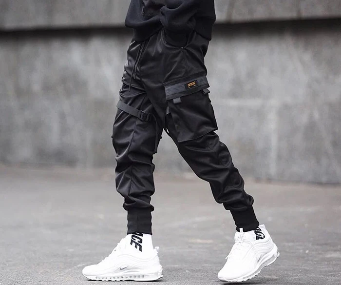 Men Fashion Casual Harem Joggers Harajuku Sweatpant Hip Hop Trousers Men Ribbons Color Block Black Pocket Cargo Pants