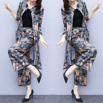 

Casual Floral Print Women Two Piece Outfits Chic Wide Leg Pants Ensemble Femme Deux Pieces Big Size Thin Conjunto Feminino