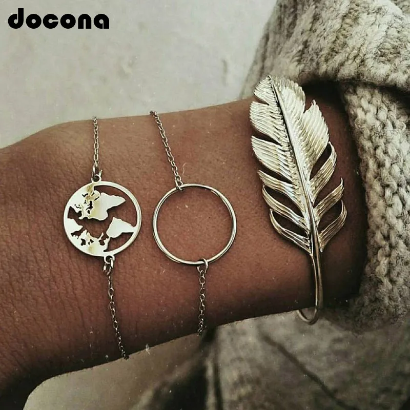 

Docona Map Leaf Circle Shape Bracelet Set Silver Color Metal Chain Adjustable Bracelets Set For Women Jewelry 3pcs/1set 4785