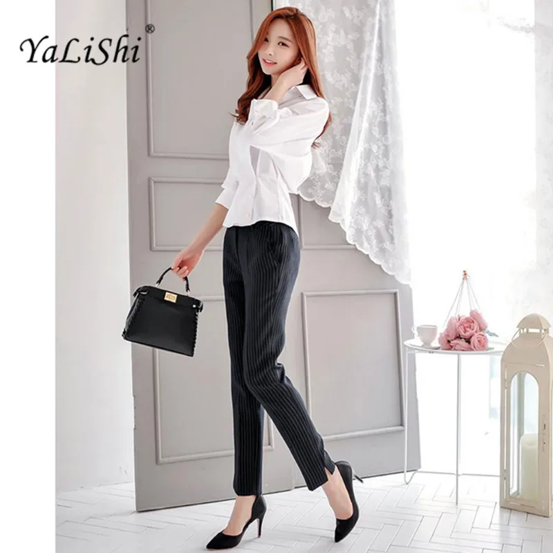 YaLiShi women 2 Pieces Sets 2020 New Summer Office Batwing Sleeve White Shirts Tops and Striped Long pants Top Trousers Set |