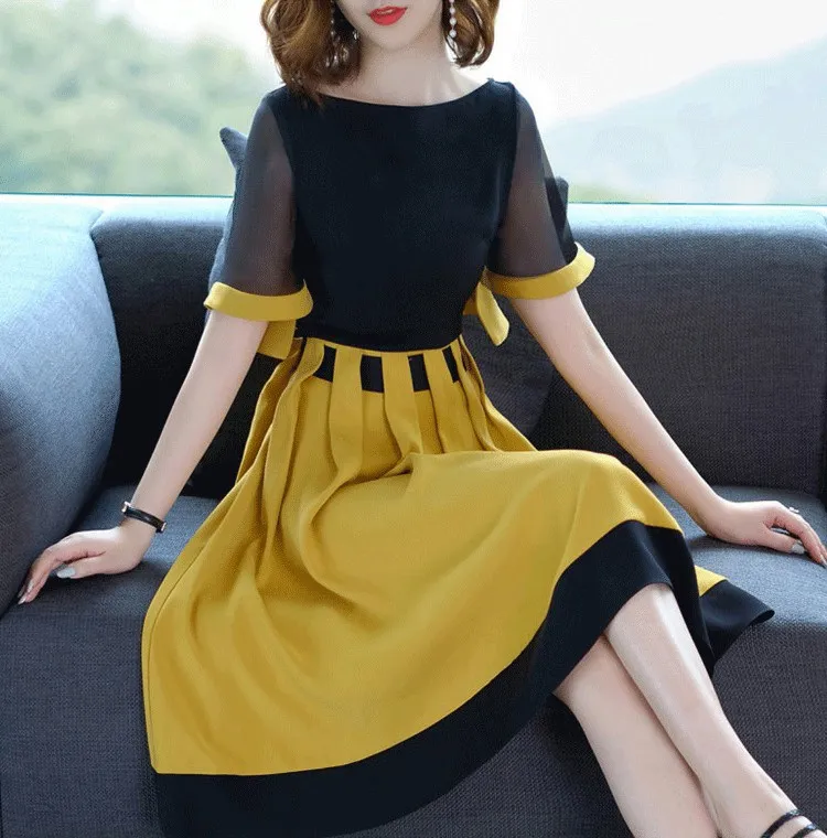 

Midi Dress Korean Dress Elegant Women Short Sleeve Vestidos Dress