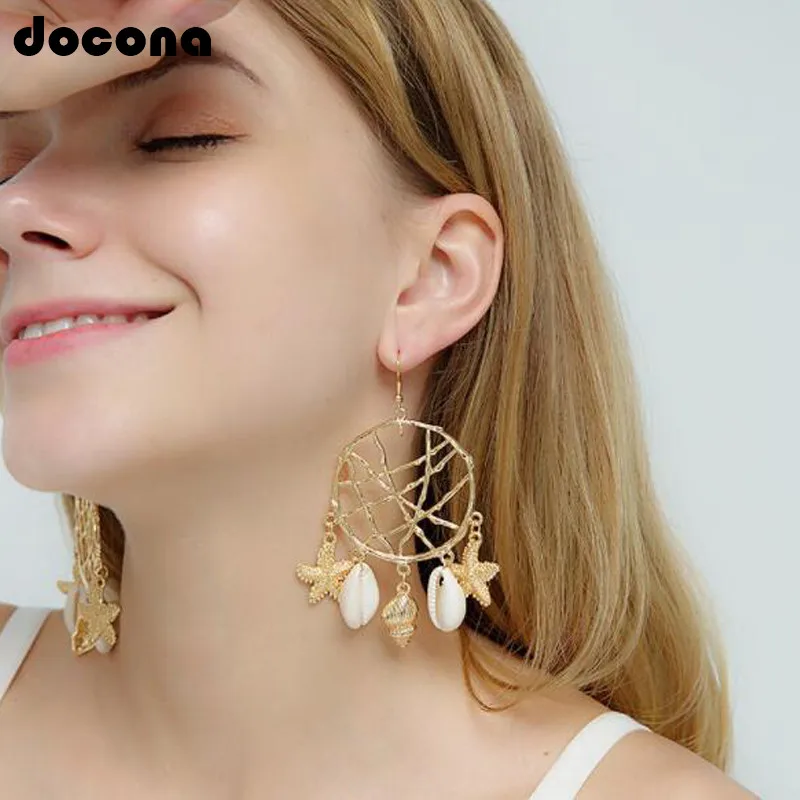 

Docona Trendy Punk Gold Metal Large Circle Geometric Star Pendant Drop Earring Set For Women New Round Dangle Earring 7107