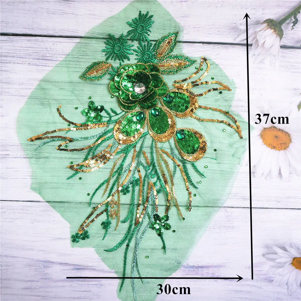 Зеленые золотые блестки 3D Цветы кисточкой Кружева Планки горный хрусталь сетки вышивать на пачках вышивка для Свадебная аппликация украшения DIY