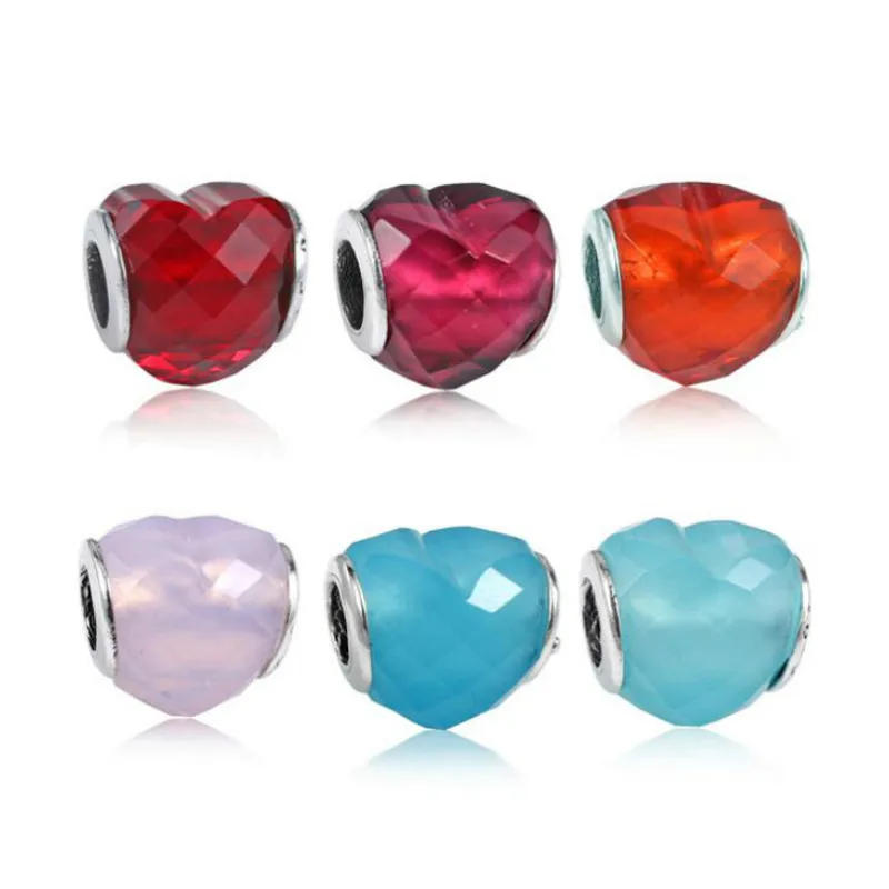 

925 Sterling Silver Jewelry New DIY CZ Beads Accessories Valentine's Day Red Love Heart Fits Pandora Charm Bracelets & Necklaces