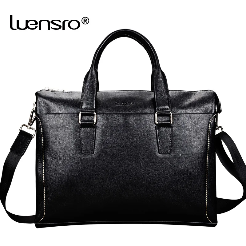 

LUENSRO 100% Natural Cowskin Men Briefcase Genuine Leather Men's Briefcase 14 Inch Laptop Bag Male Business Leather Handbag Men