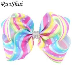 Rhinestone 1pc 8 Inch Lovely Rainbow Grosgrain Ribbon Hair Bows Alligator Clips Barrettes for Girls Children Hair Accessories