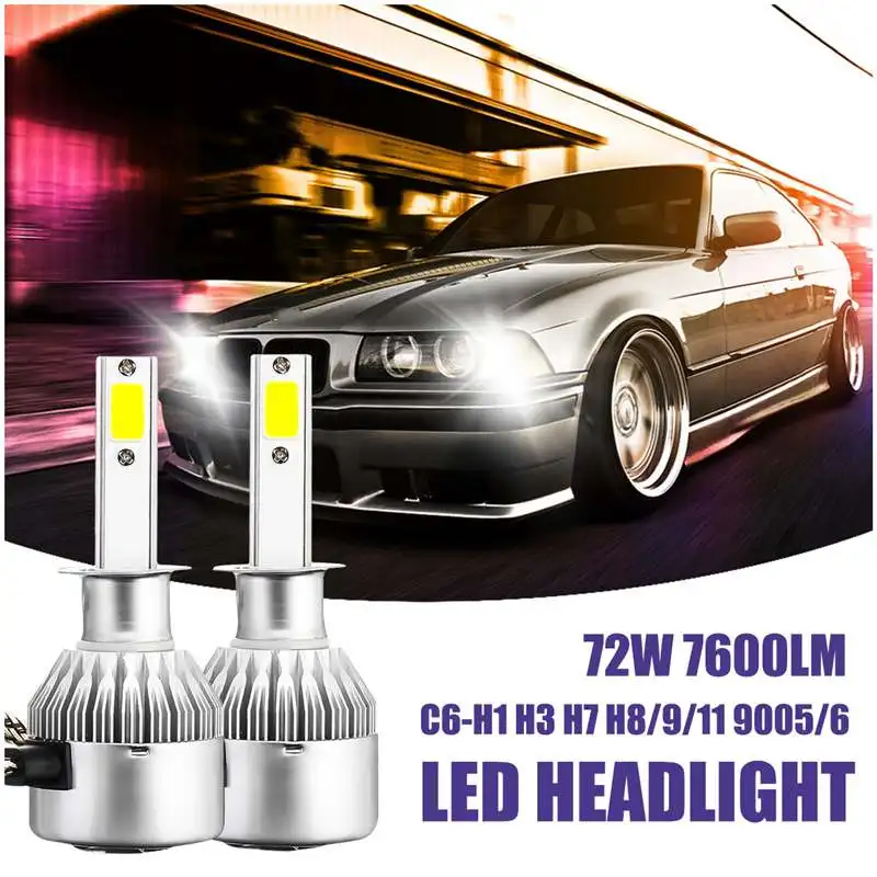

C6 COB LED H4 H7 Car Headlights 8000K Ice Blue Bulbs Auto H1 9005 9006 Very Bright Fog Lamps 72W 7600LM Led Head Styling lamps