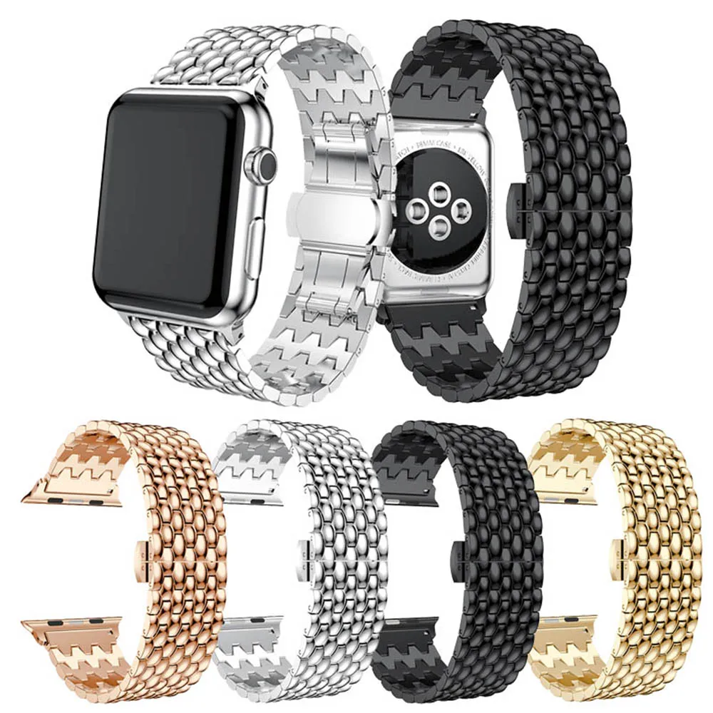 

Premium Vintage Stainless Steel Strap Scales Lines Watchband Link Buckle Bracelet Band For Apple Watch 38/42/40/44