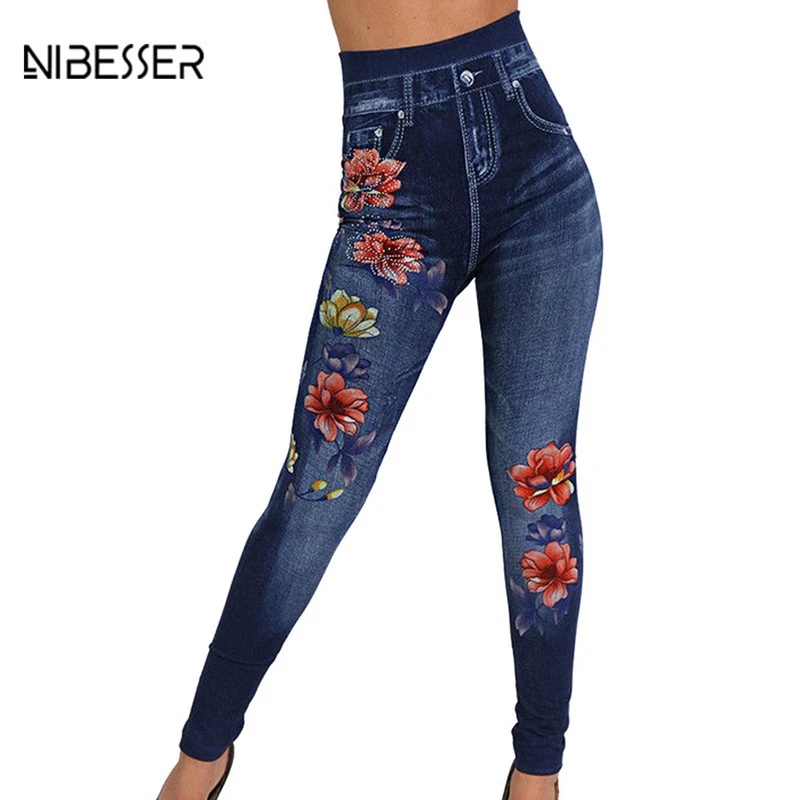 

NIBESSER Summer High Waisted Denim Jeans Leggings Women Ethnic Floral Printed High Waist Rose Print Pencil Pants Casual Leggings