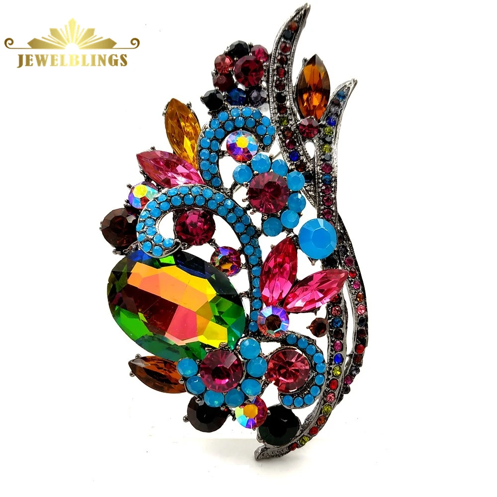 

Large Vintage Multi Colored Rhinestone Foxtail Brooch Silver Tone Aurora Crystal Accent Color Floral Leaf Pin Statement Jewelry