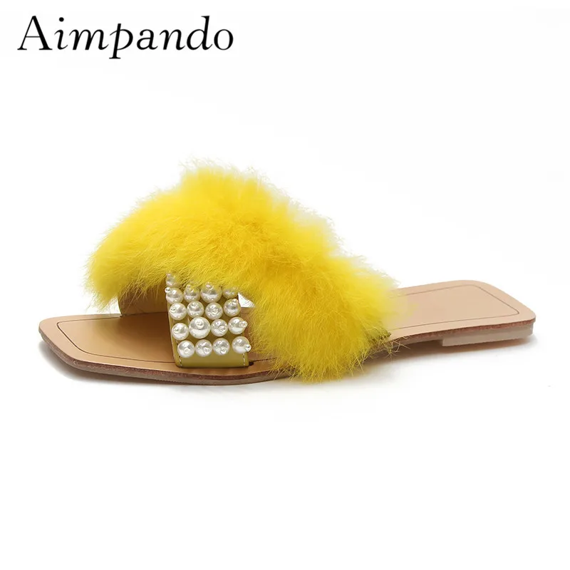 

Square Toe Flat Mules Women Cross Soft Fur And String Bead Open Toe Casual Holiday Slippers Women Summer