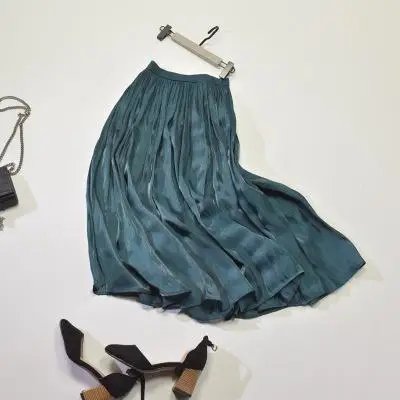 Spring New Korean Style Pleated Skirt Elastic Waist Pearl Luster Silk Slippery Faldas Largas Elegantes Free Shipping - Цвет: Dark Green