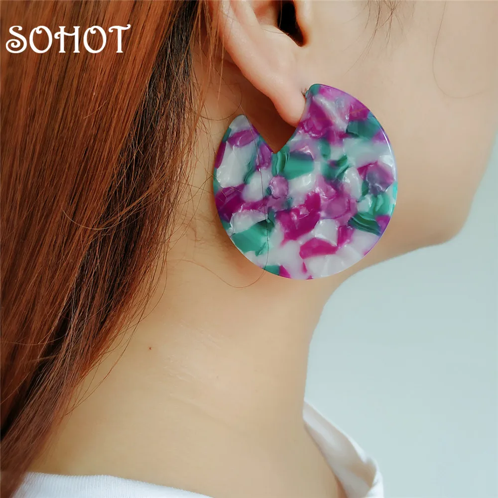 

SOHOT Creative Round Acrylic Acetic Acid Hoop Earrings Simple Women Accessories Niche Colorful OL Temperament Summer Bijoux Gift