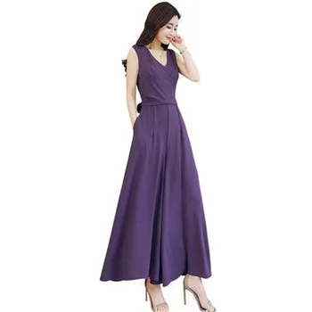

2019 Summer Women V Neck Sleeveless Solid Jumpsuit Female Elegant Wide Leg Loose Playsuits Lady Sashes Draped Slim Rompers Z253