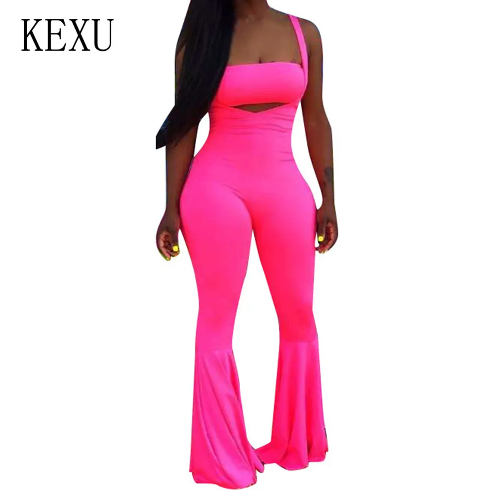 

KEXU Casual Two Pieces Sets Crop Top and Strap Flared Pants Sexy Sleeveless Hollow Out Summer Jumpsuits for Women Clothing Set