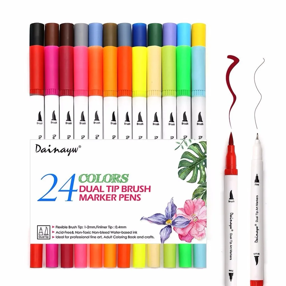 Billig Dainayw 24 Farben 0,4mm Fineliner tinte auf wasserbasis Dual Kopf Skizze Marker Pinsel Stift Für Draw Färbung Bücher Design kunst Liefert