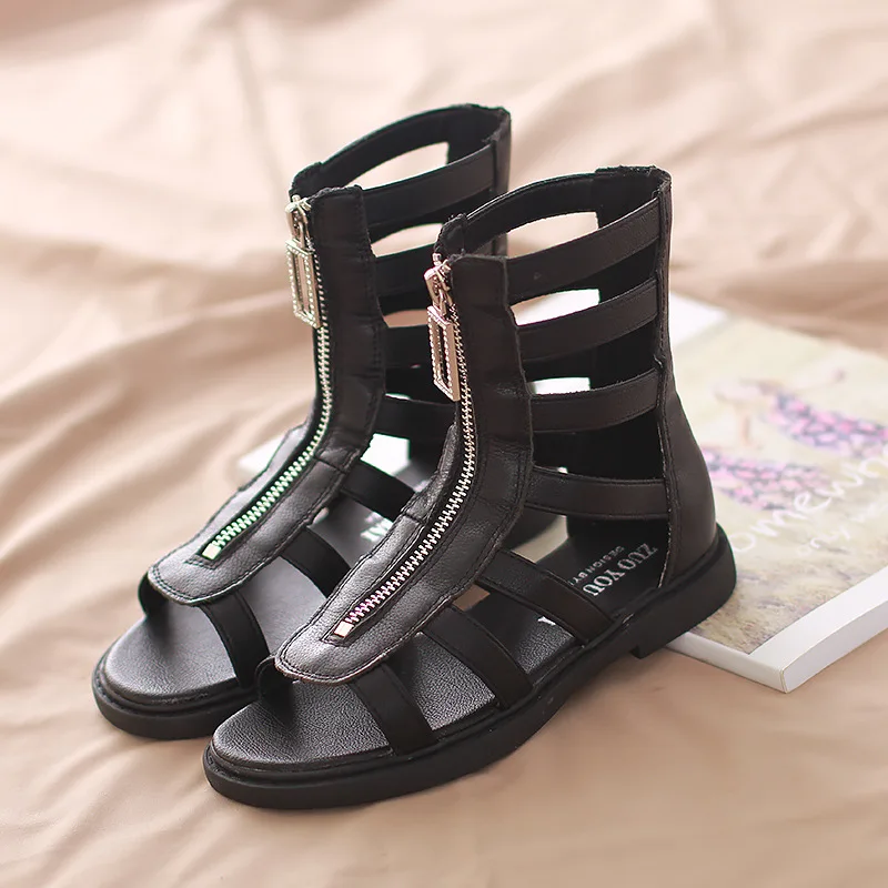 MHYONS/обувь в римском стиле для девочек; коллекция года; новые летние детские сапоги; корейские кожаные сапоги на молнии спереди; детские высокие сапоги - Цвет: Черный