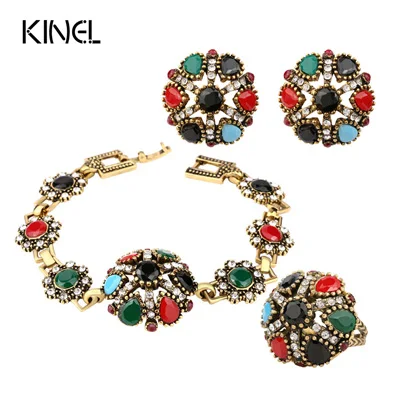 Luxury-3-Pcs-Vintage-Jewelry-Sets-Colorful-Round-Flower-Antique-Gold-Color-Ring-Bracelet-Earrings-For - 