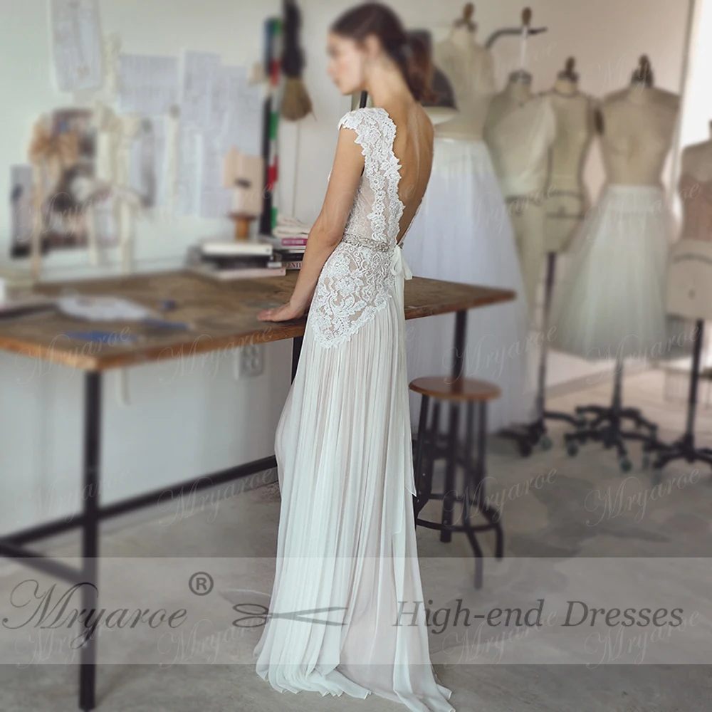 Mryarce New Elegant V Neck Lace Beading Open Back Wedding Dress Bridal Gowns With Rhinestone Belt  (1)