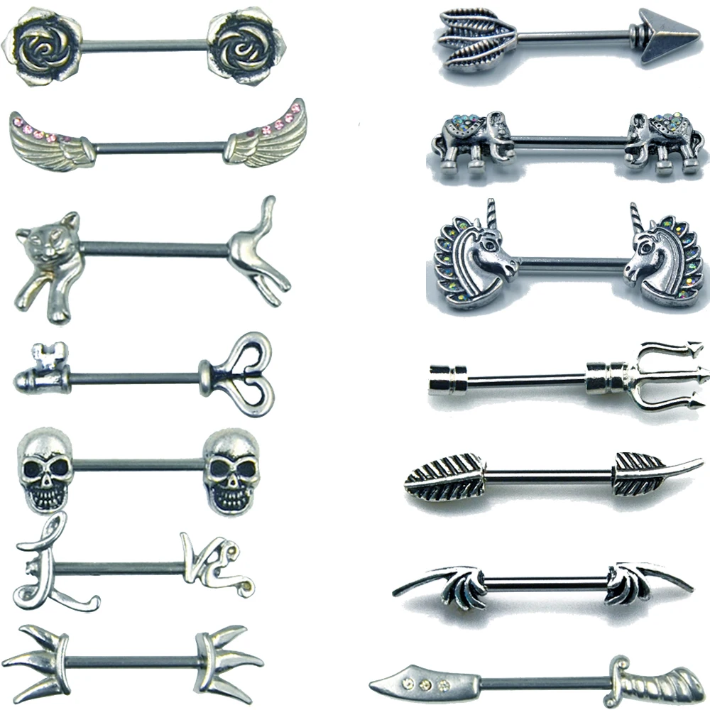 

BOG-1 Pair 316L Surgical Steel Vintage Arrow Feather Barbell Piercing Nipple shield Rose Flower Nipple Ring14g Bar Body Jewelry