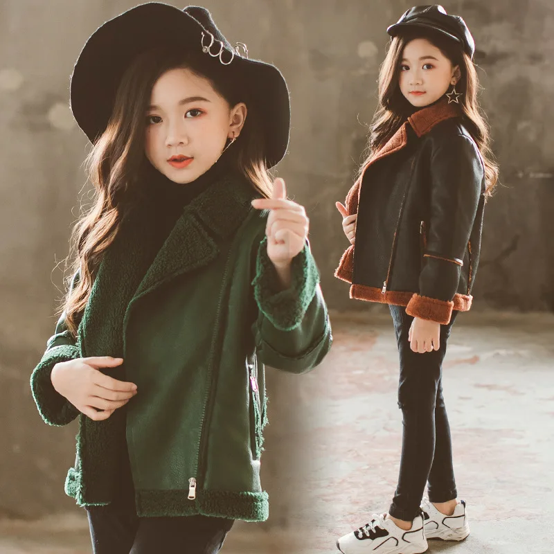 

Girls Coat for Age 7 8 9 10 11 12 Years Kids Green Cashmere Zipper Autumn Children's Fur Leather Jacket Girls Winter Coat 5A17