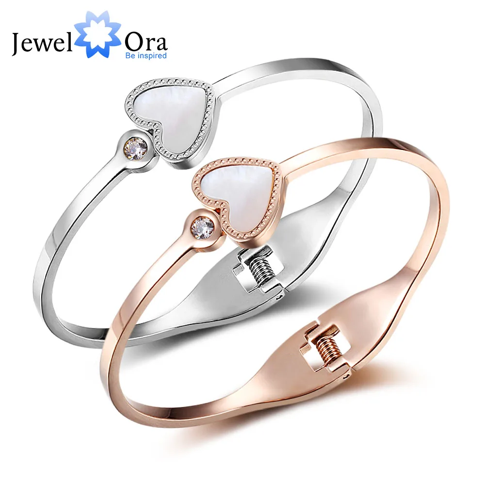 

Women Love Stainless Steel Bracelet Bangles Silver Rose Gold Colour Heart Design with CZ & Shell Bangles Gift JewelOra BA101722